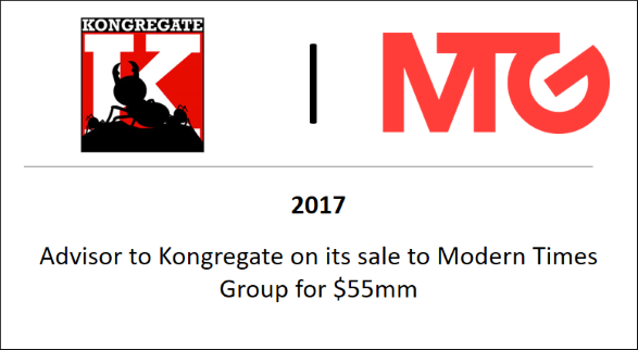 2017 Advisor to Kongregate on its sale to Modern Times Group for $55mm