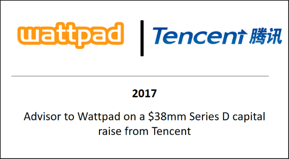 2017 Advisor to Wattpad on a $38mm Series D capital raise from Tencent