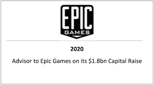 2020 Advisor to Epic Games on its $1.8bn Capital Raise