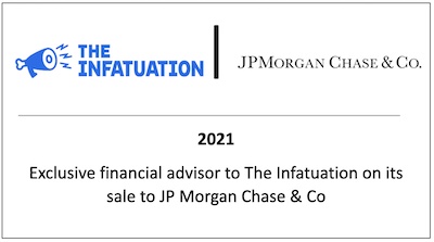 Exclusive financial advisor to The Infatuation on its sale to JP Morgan & Co
