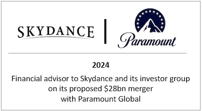 Financial advisor to Skydance and its investor group on its proposed $28bn merger with Paramount Global