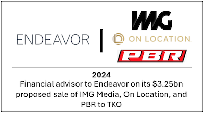 Financial advisor to Endeavor on its $3.25bn proposed sale of IMG Media, On Location, and PBR to TKO