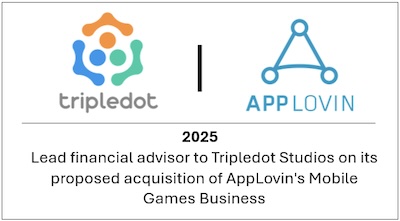 Lead financial advisor to Tripledot Studios on its proposed acquisition of AppLovin's Mobile Games Business