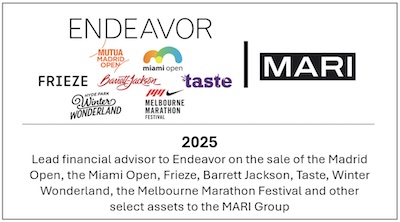 Lead financial advisory to Endeavor on the sale of the Madrid Open, the Miami Open, Frieze, Barrett Jackson, Taste, Winter Wonderland, the Melbourne Marathon Festival, and other select assets to the MARI Group