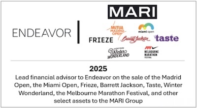 Lead financial advisory to Endeavor on the sale of the Madrid Open, the Miami Open, Frieze, Barrett Jackson, Taste, Winter Wonderland, the Melbourne Marathon Festival, and other select assets to the MARI Group